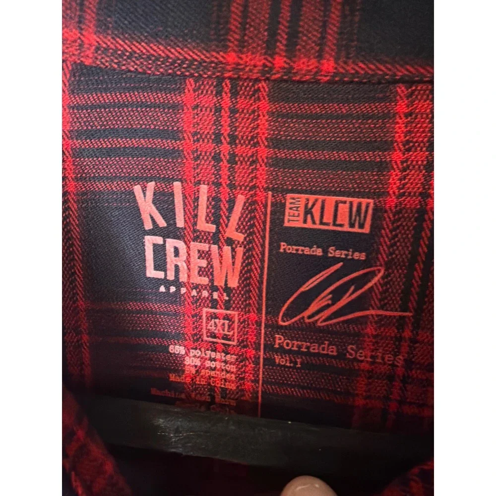 Kill Crew Porrada Series Red Black Plaid Flannel Shirt Mens 4XL Flaming Skull